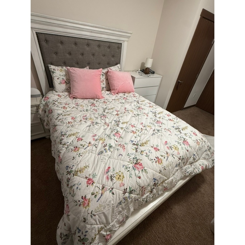 Cath Kidston Queen Floral Quilt White Pink Botanical Cotton Comforter & Shams